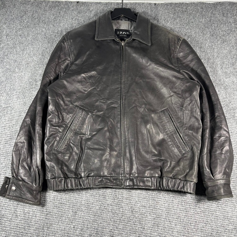 IZOD Leather Bomber Jacket Mens L Black Good Full Zip Quilted Lined Vtg Style
